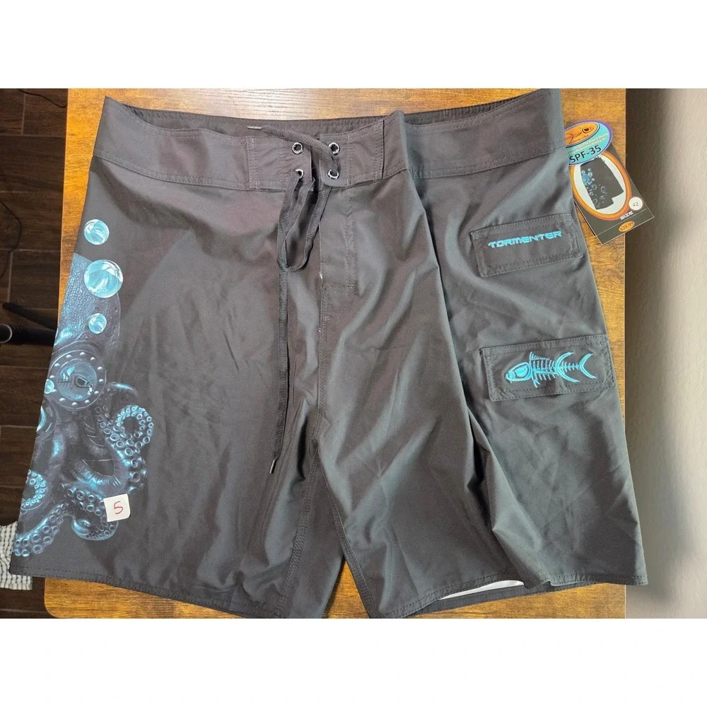 Tormenter Mens Octopus Board Shorts Black Blue SPF-35 Swim Trunks Size 42 NEW